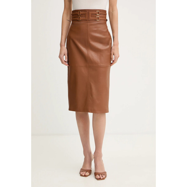 Elisabetta Franchi spódnica skórzana  kolor brązowy midi ołówkowa GP09Z61E2
