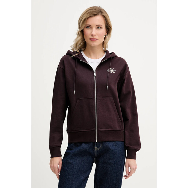 Calvin Klein Jeans bluza  damska kolor brązowy z kapturem z nadrukiem LV047B270G