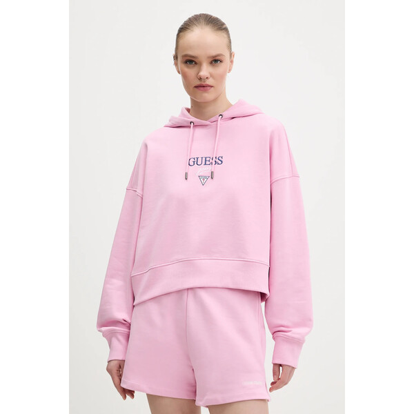 Guess Jeans bluza bawełniana  damska kolor różowy z kapturem z aplikacją W6RQ00 K68I4 W6RQ00.K68I4