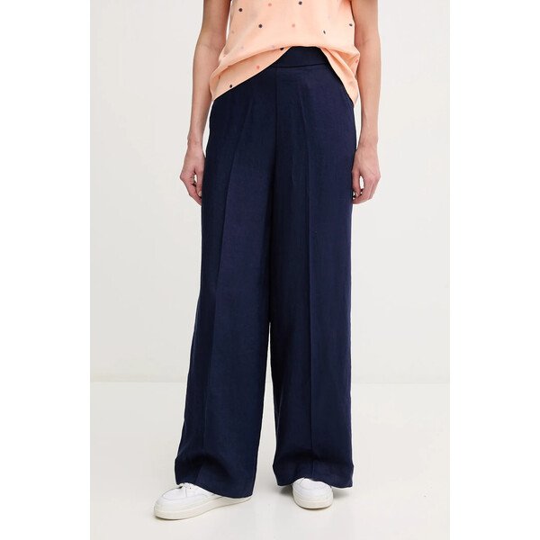 United Colors of Benetton spodnie lniane  damskie kolor granatowy proste high waist 4AGHDF08K