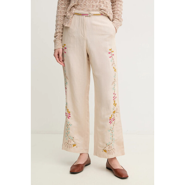 Hoss Intropia spodnie lniane  damskie kolor beżowy proste high waist 6549027