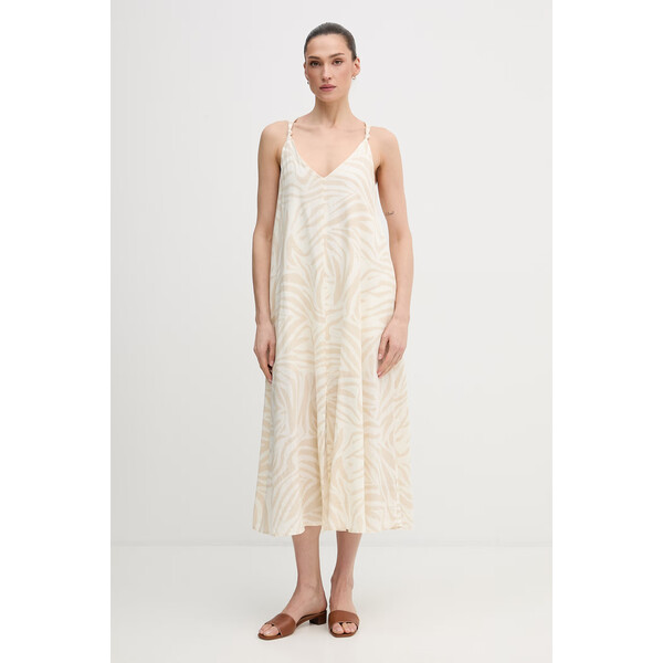 Dkny sukienka z dodatkiem lnu  kolor beżowy maxi rozkloszowana DJ6D9162