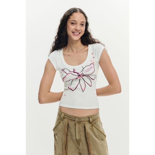 Desigual Dopasowana koszulka w kwiaty 26SWTKXL1000