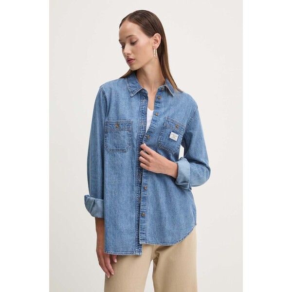 Guess Jeans koszula jeansowa  damska kolor niebieski regular z kołnierzykiem klasycznym W4YH37 D5EI2 W4YH37.D5EI2