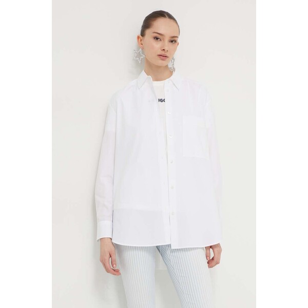 HUGO koszula bawełniana The Oversize Shirt  damska kolor biały relaxed z kołnierzykiem klasycznym 50515741