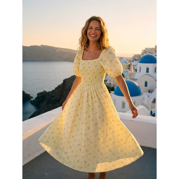 Sinsay Bawełniana sukienka midi z bufkami w kwiaty 334GY-MLC