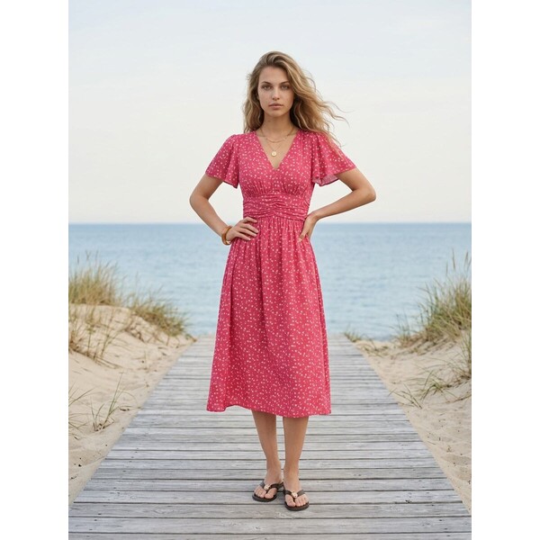 Sinsay Wiskozowa sukienka midi z marszczeniem w kwiaty 019JM-33X