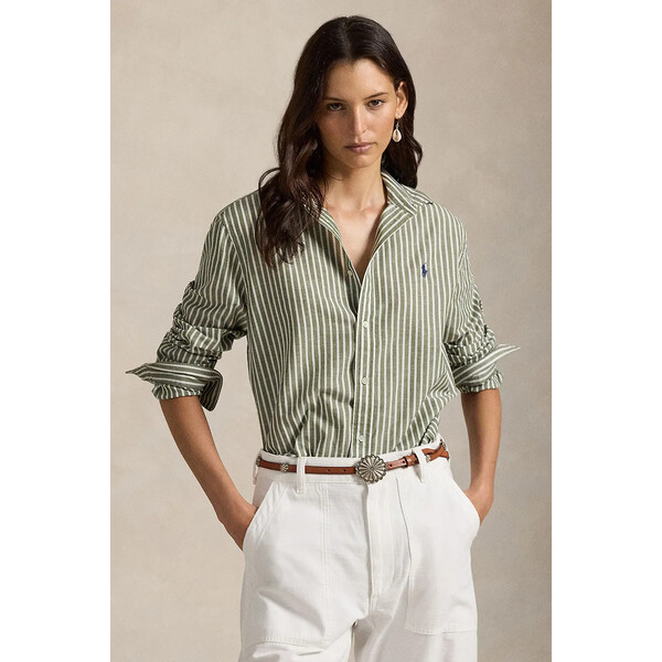 Polo Ralph Lauren koszula z dodatkiem lnu  damska kolor zielony regular z kołnierzykiem klasycznym 211971514