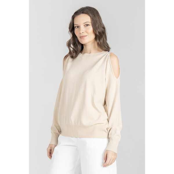 Deni Cler Beżowy sweter z rozcięciami na rękawach T-DC-S418-F2-20-12-1