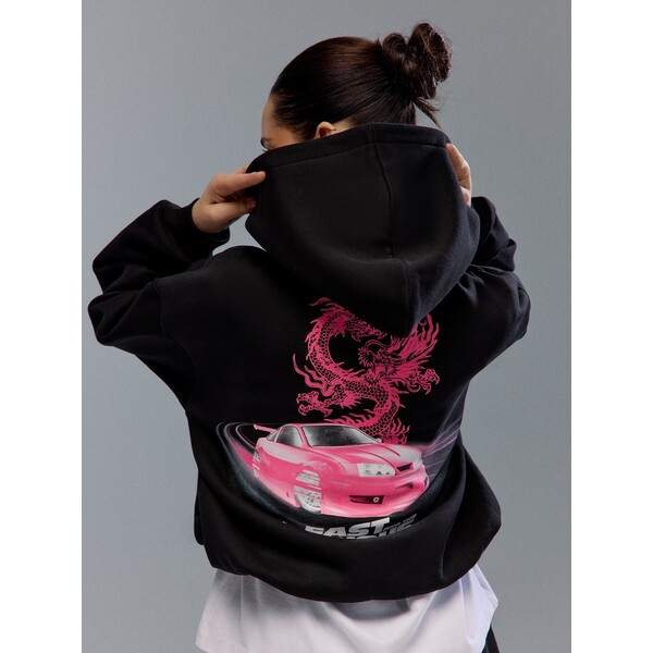 House Czarna bluza z kapturem i motywem Fast & Furious na plecach 861JM-99X