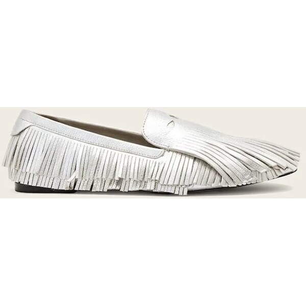 AllSaints loafersy damskie skórzane Sandy Fringe Loafer  srebrne na płaskim obcasie W079FE