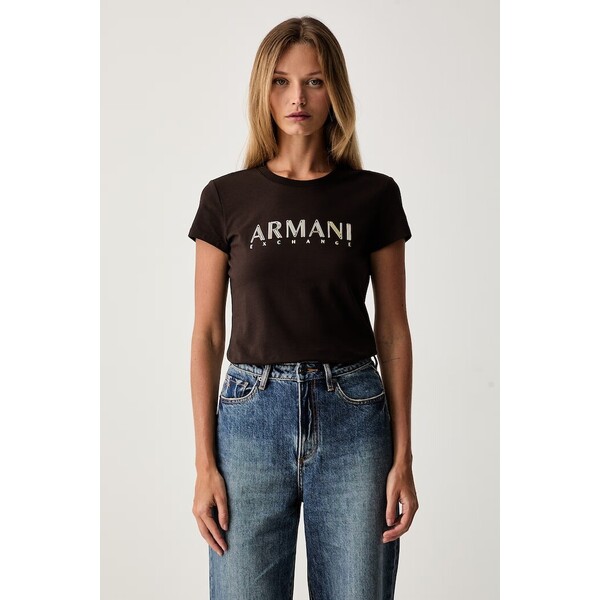 Armani Exchange T-shirt damski bawełniany z elastanem  brązowy XW002547 AF23955 XW002547.AF23955