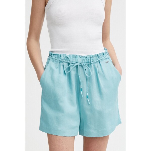 Pepe Jeans szorty lniane MARTA  kolor turkusowy gładkie high waist PL801099