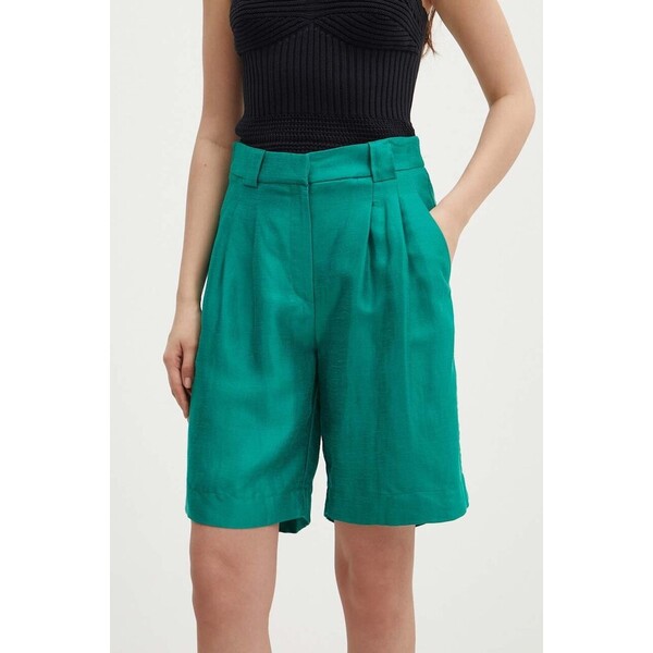La Petite Française szorty z domieszką lnu SAVOUREUX  kolor zielony gładkie high waist PFSAVOUREUX