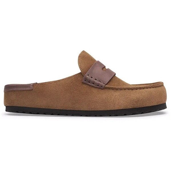 Birkenstock klapki mules zamszowe Naples Wrapped double stitch Mixed Leather  brązowe 1032461