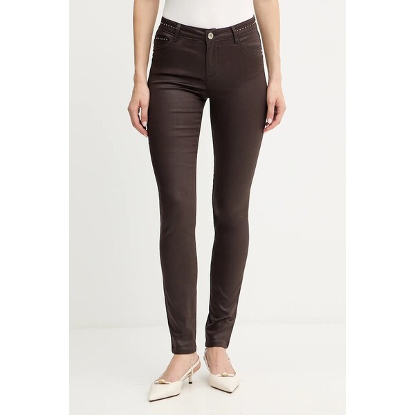 Morgan spodnie slim fit damskie z bawełną  brązowe low waist PALAO