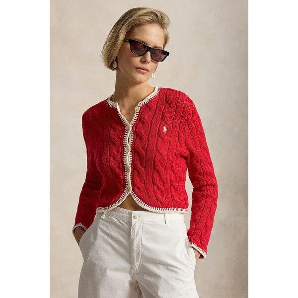 Polo Ralph Lauren kardigan damski bawełniany COTTON-SWEATER-CARDIGAN  czerwony 211A12716002