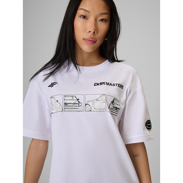 T-shirt loose z nadrukiem uniseks 4F | Drift Masters - biały 4FSSS26TTSHU3779-10S