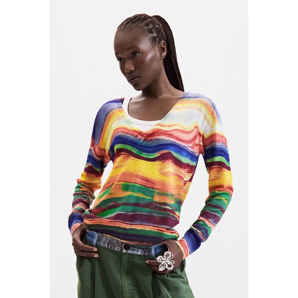 Desigual Cienki dzianinowy sweter z nadrukiem 26WWJF378018