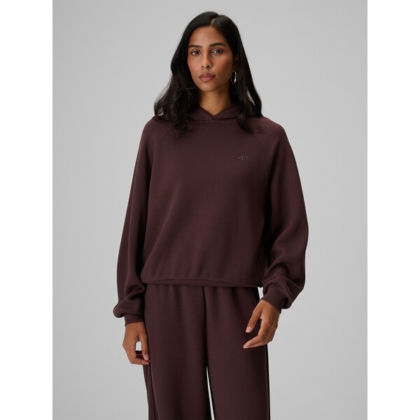 4F Bluza dresowa regular z kapturem damska - brązowa 4FRAW26TSWSF3476-80S