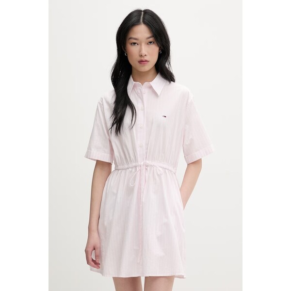 Tommy Jeans sukienka koszulowa bawełniana  różowa w paski DW0DW20617