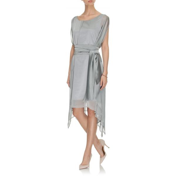 Joanna Hawrot Asymetryczna sukienka wiązana w pasie srebrna