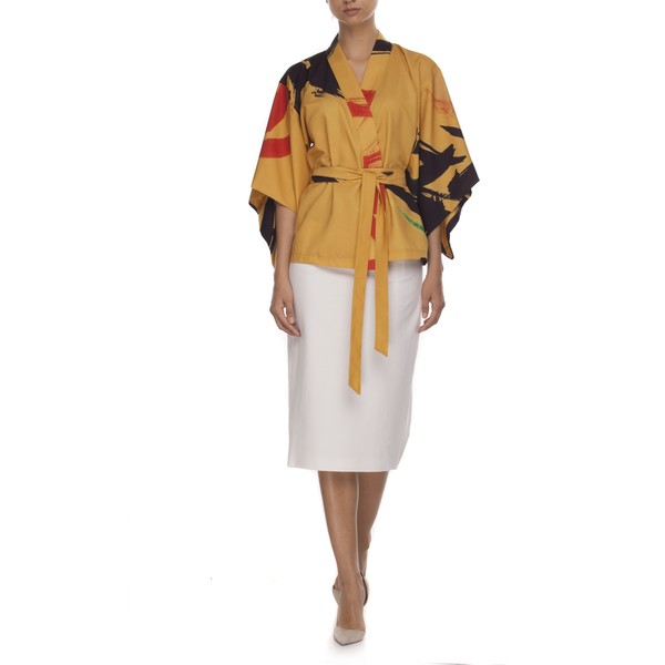 Joanna Hawrot Krótkie kimono we wzór musztardowe