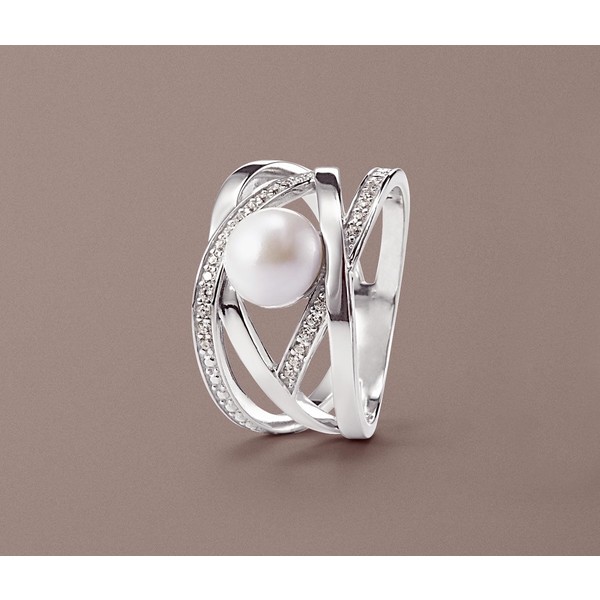Tchibo Srebrny pierścionek z białą perłą z jądra muszli i cyrkonią* 400105064