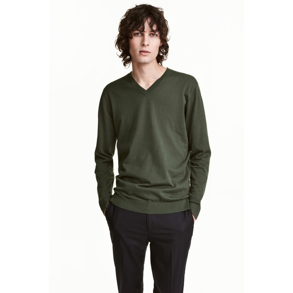 H&M Sweter z bawełny premium 0443648002 Ciemna zieleń khaki