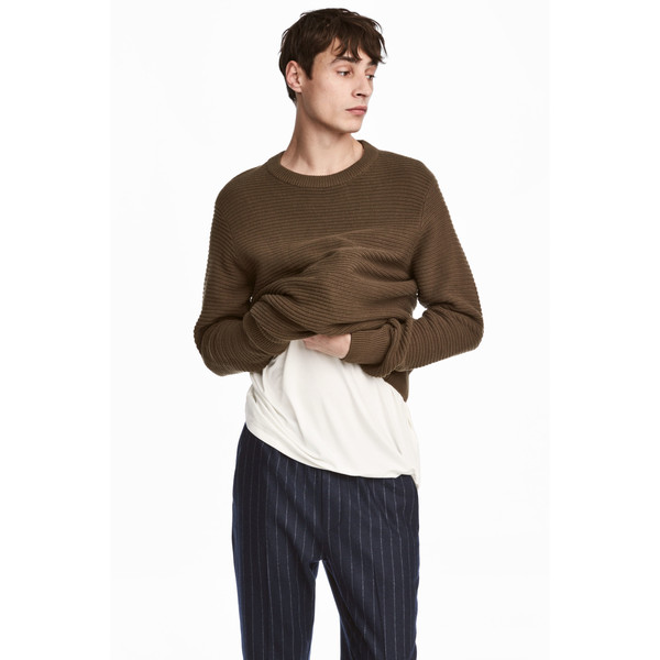 H&M Bawełniany sweter w prążki 0515693001 Zieleń khaki