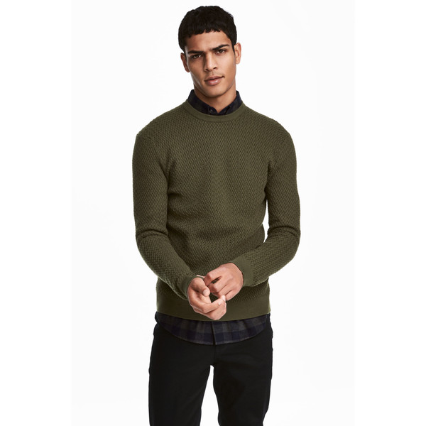 H&M Sweter z domieszką bawełny 0495680003 Ciemna zieleń khaki