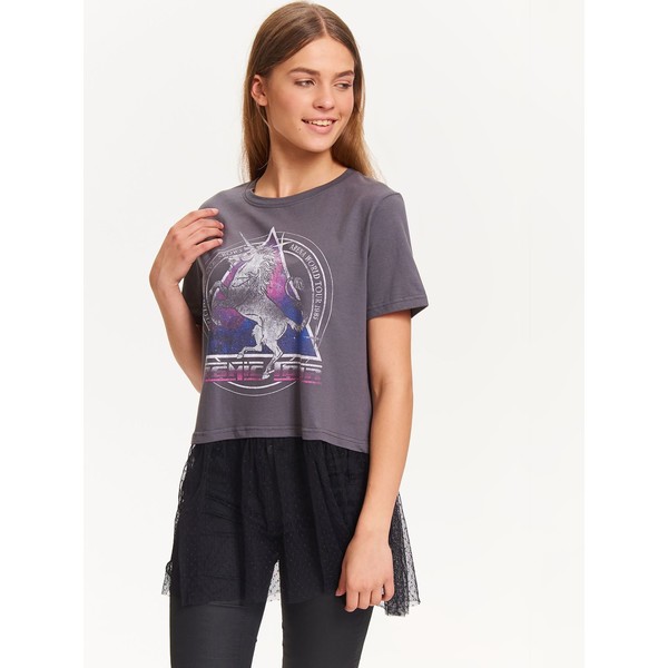 TROLL t-shirt damski z nadrukiem, z tiulowa falbanką w kropki TPO1580
